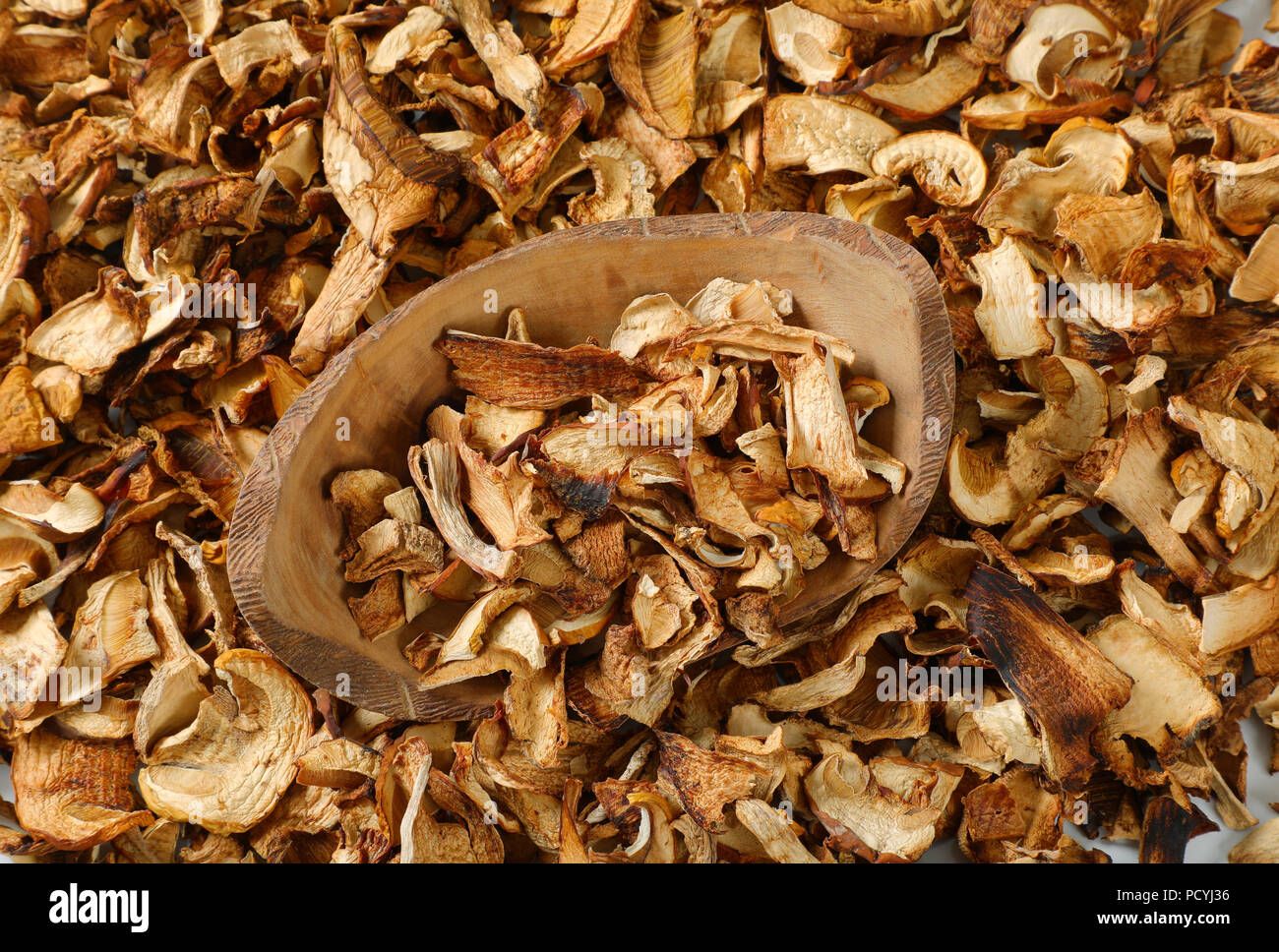 bowl of dried mushrooms on mushrooms background Stock Photo