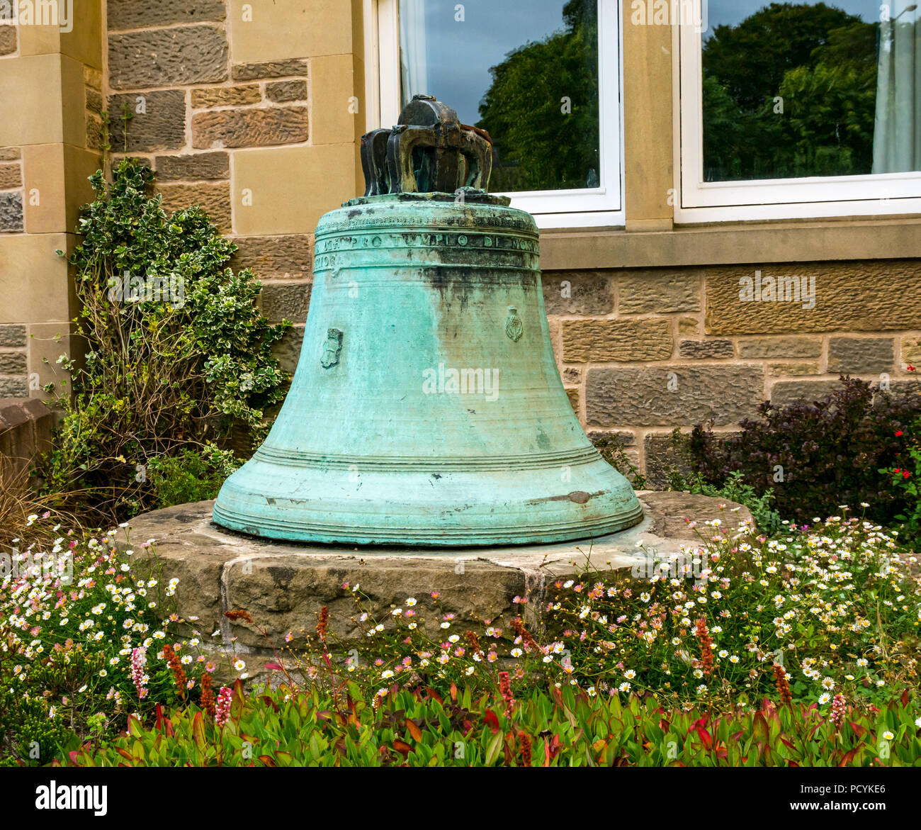 Bronze old church bell, dated 1642, made by James Monteith, on display, Blackadder Church, North Berwick, East Lothian, Scotland, UK Stock Photo