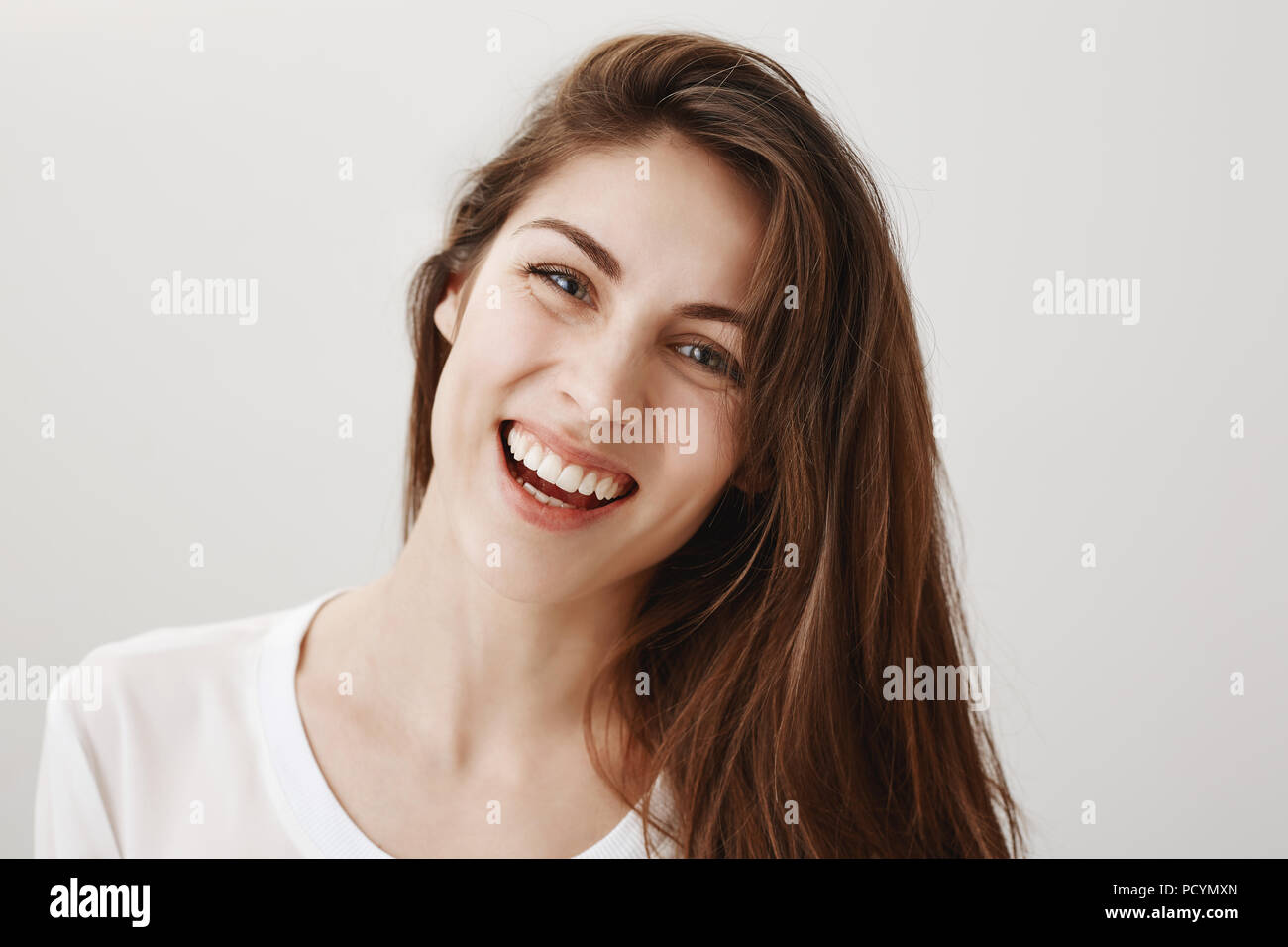 Sincere expression of joy. Portrait of attractive happy caucasian ...