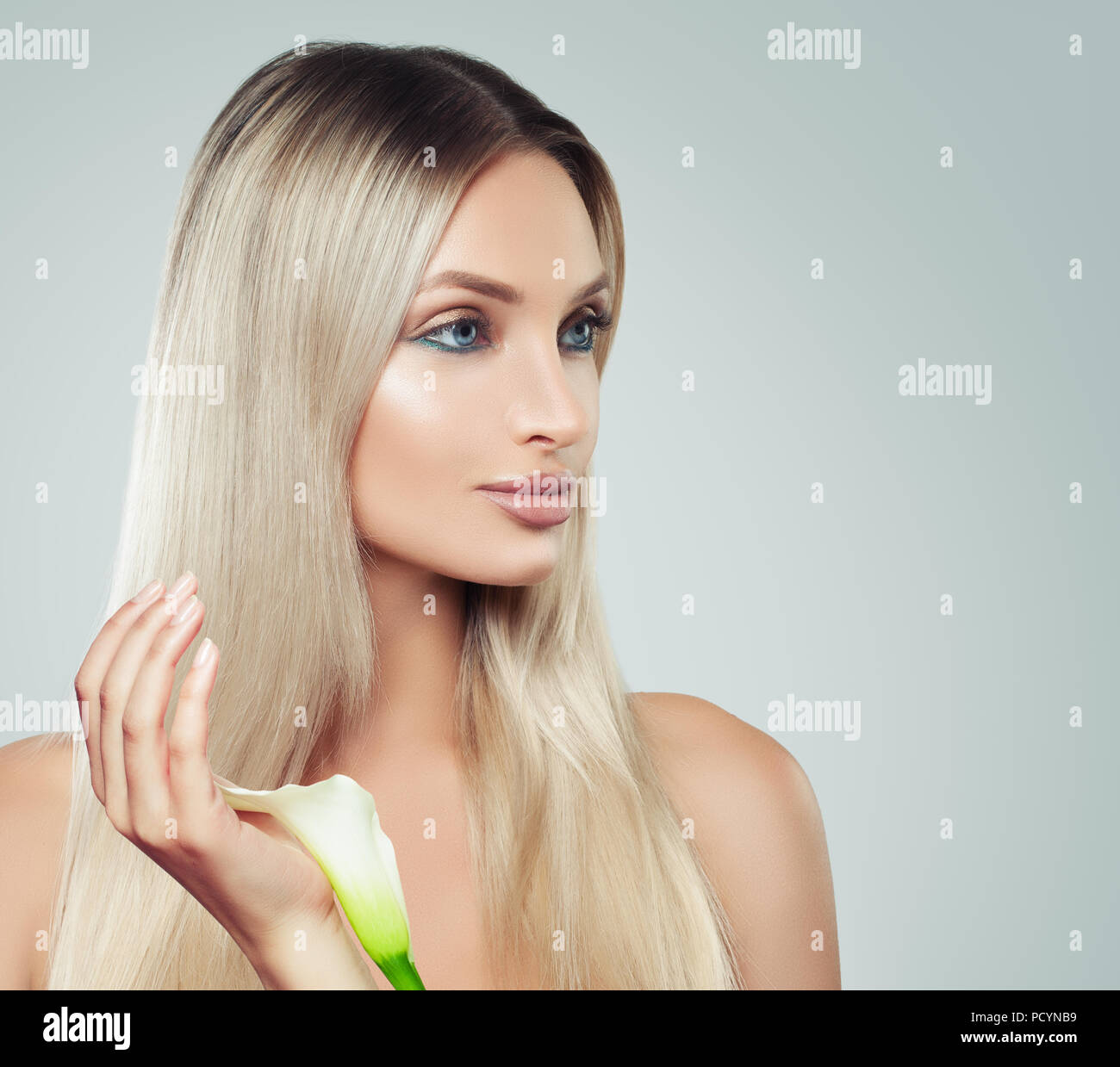 Pretty Young Woman With Clean Fresh Skin Healthy Blonde Hair And