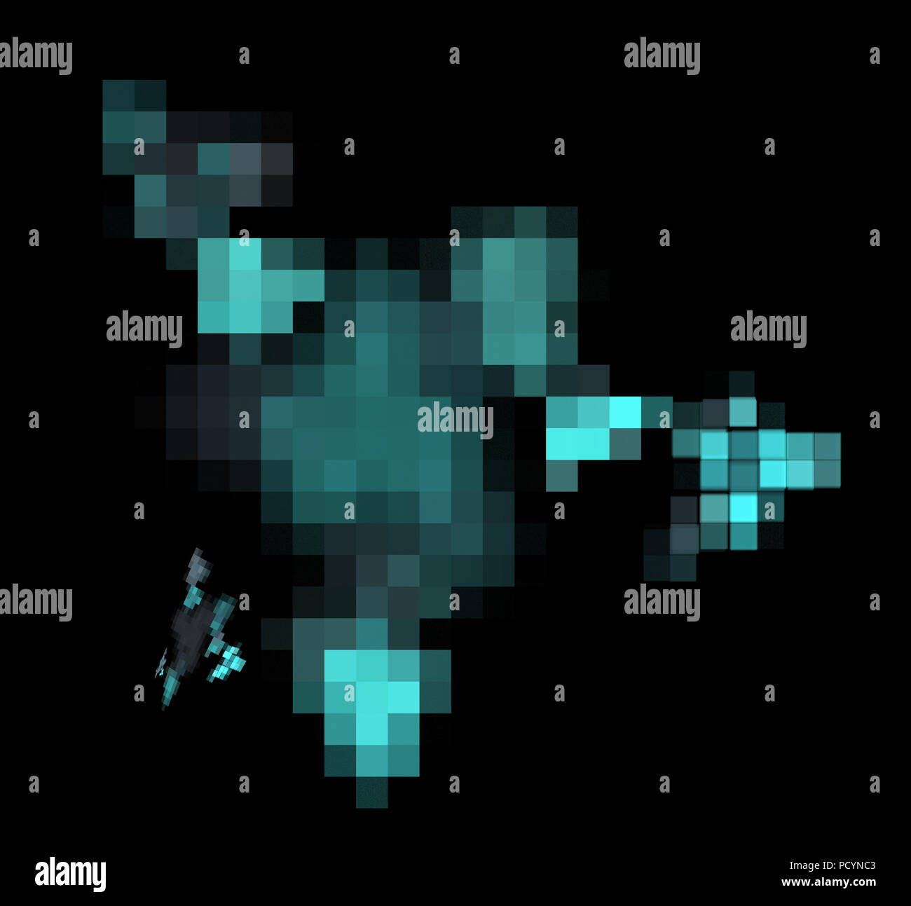 Blue pixel grid fractal on a black background Stock Photo