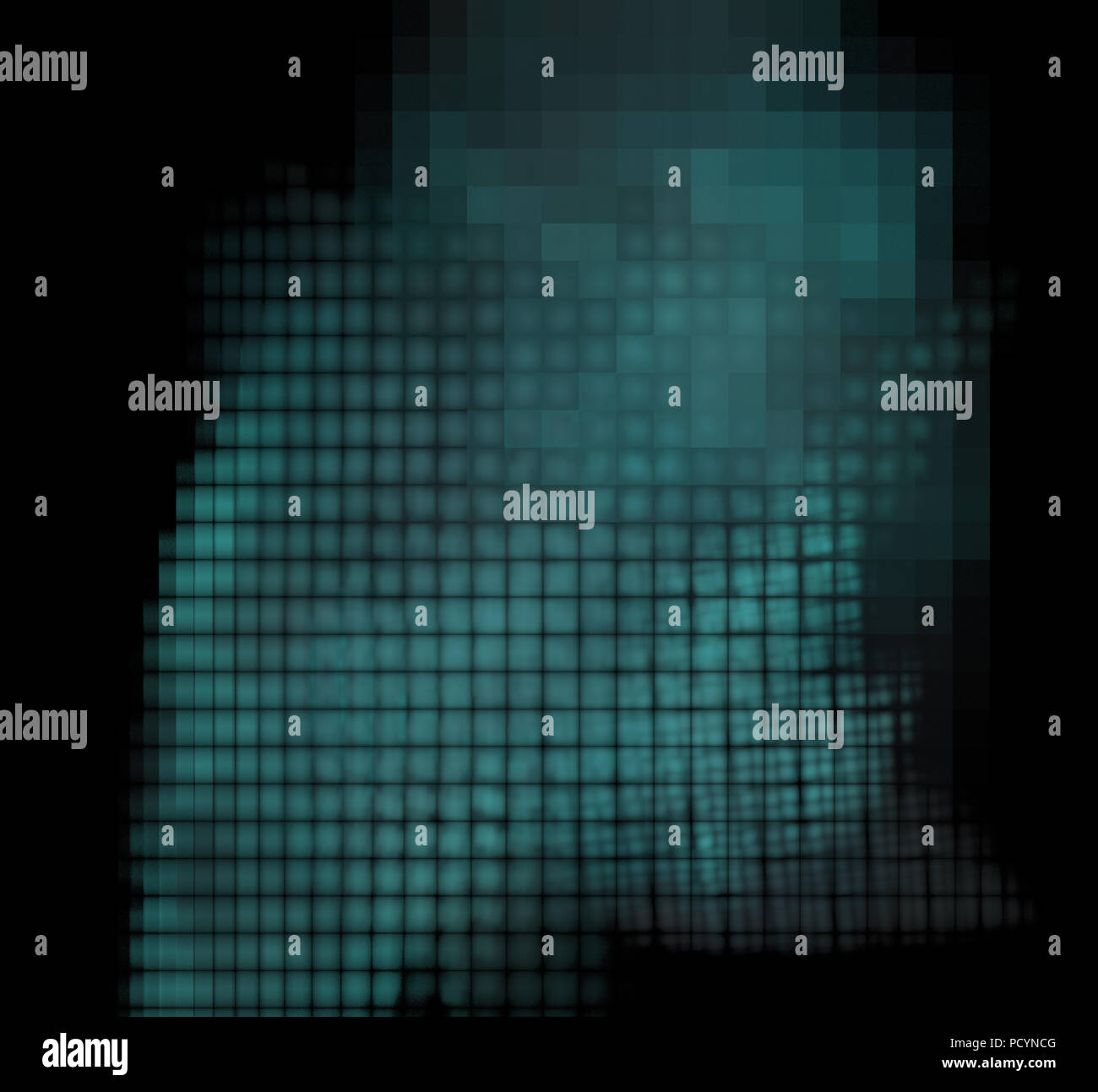 Blue pixel grid fractal on a black background Stock Photo
