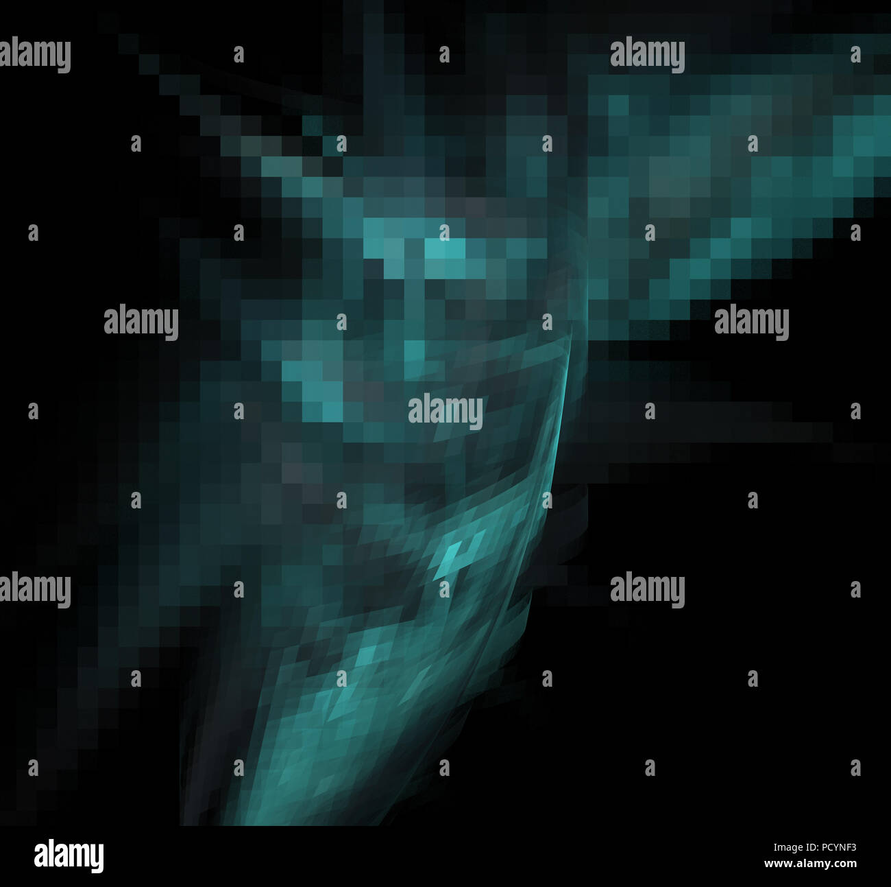 Blue pixel grid fractal on a black background Stock Photo