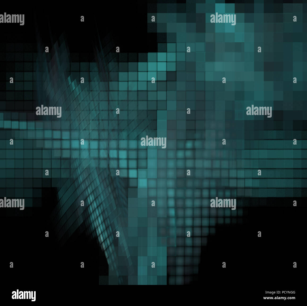 Blue pixel grid fractal on a black background Stock Photo