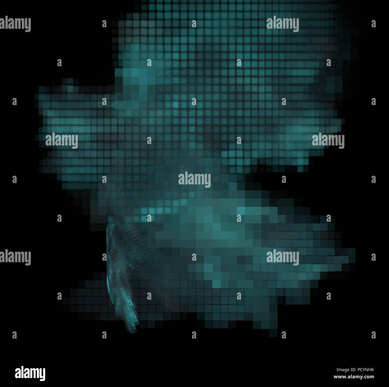 Blue pixel grid fractal on a black background Stock Photo