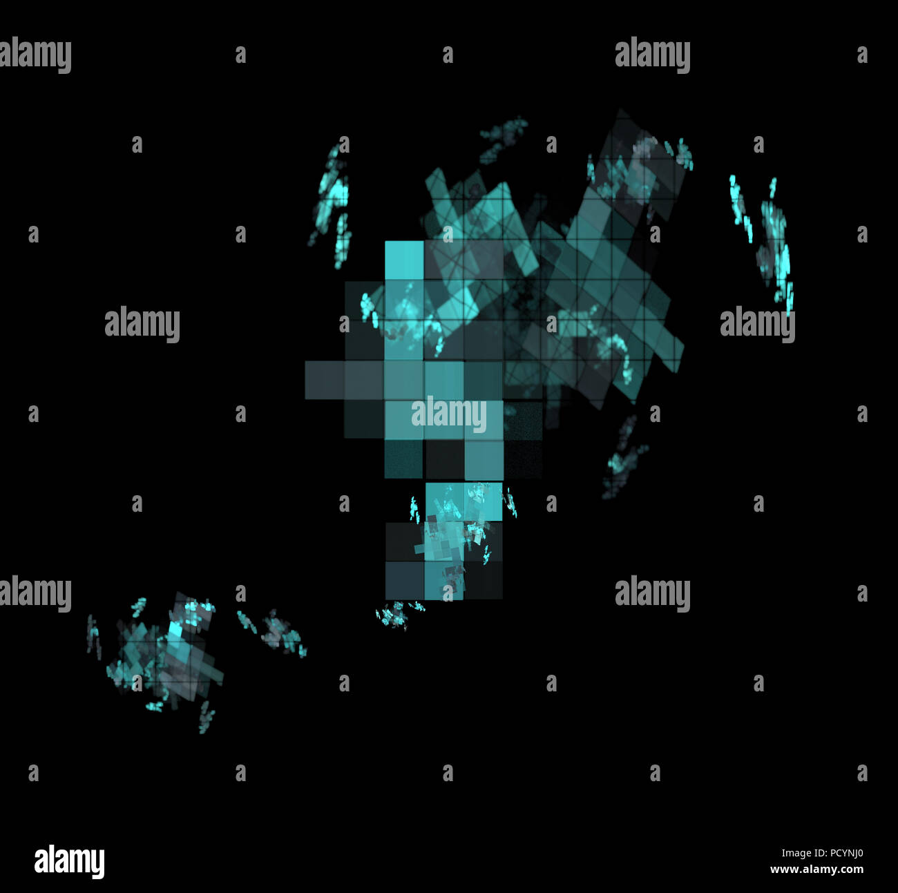 Blue pixel grid fractal on a black background Stock Photo