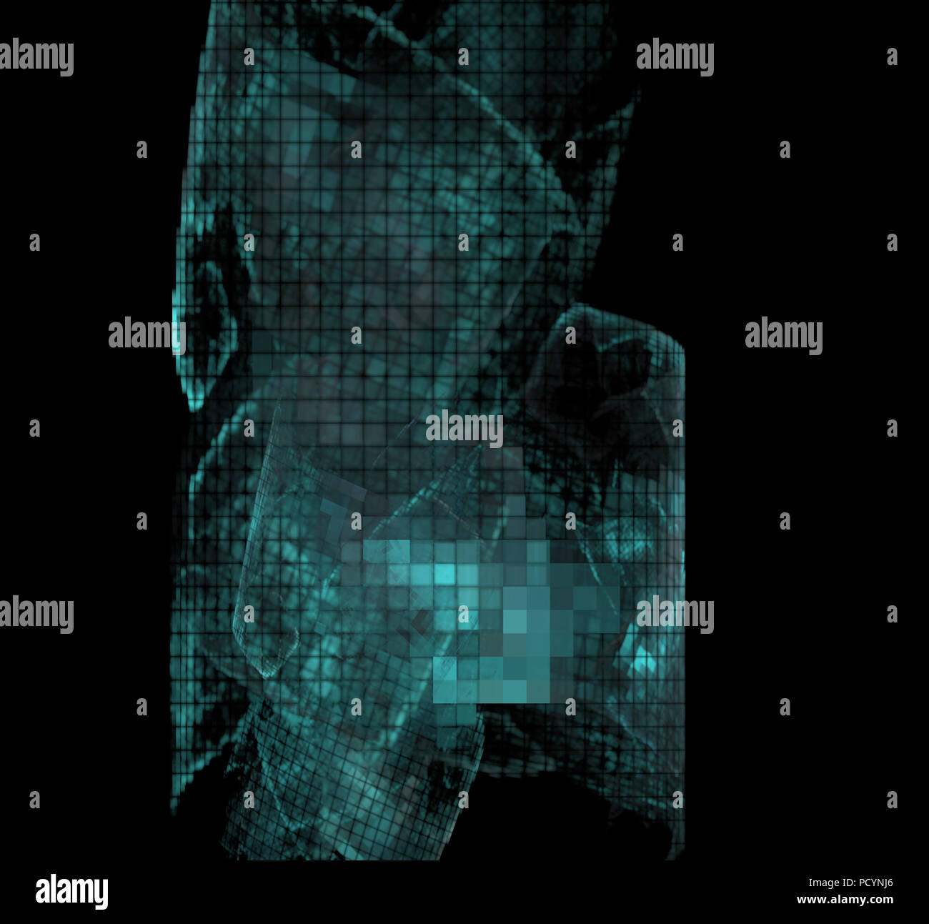 Blue pixel grid fractal on a black background Stock Photo
