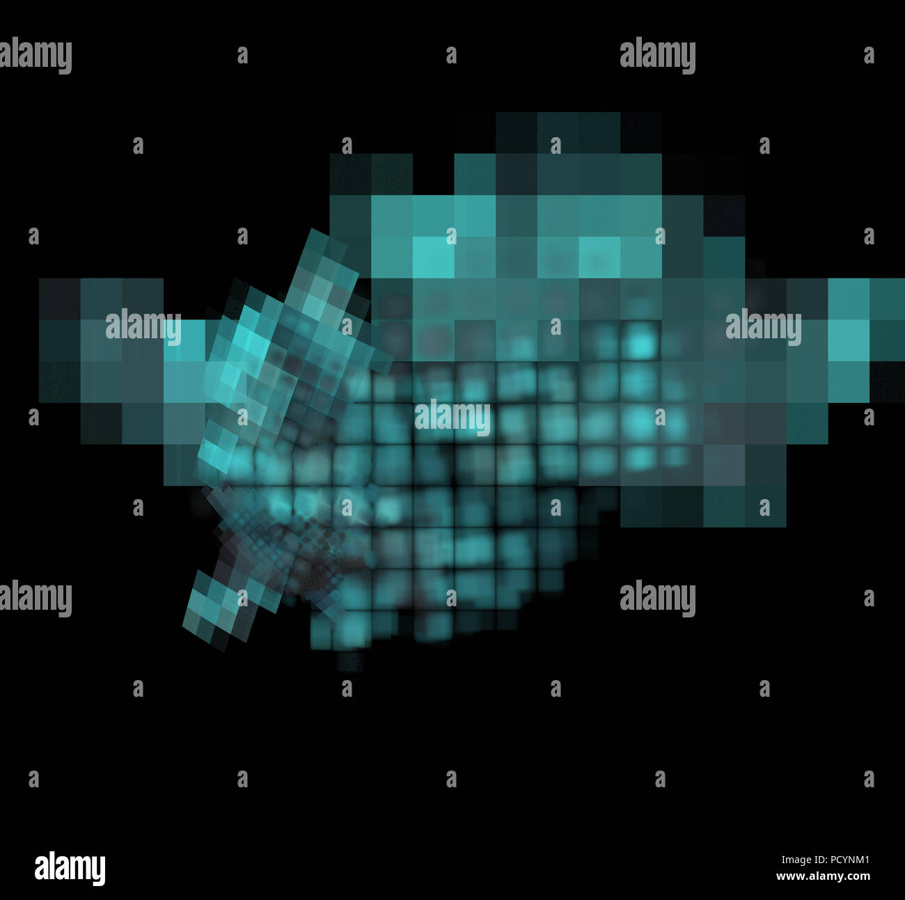 Blue pixel grid fractal on a black background Stock Photo