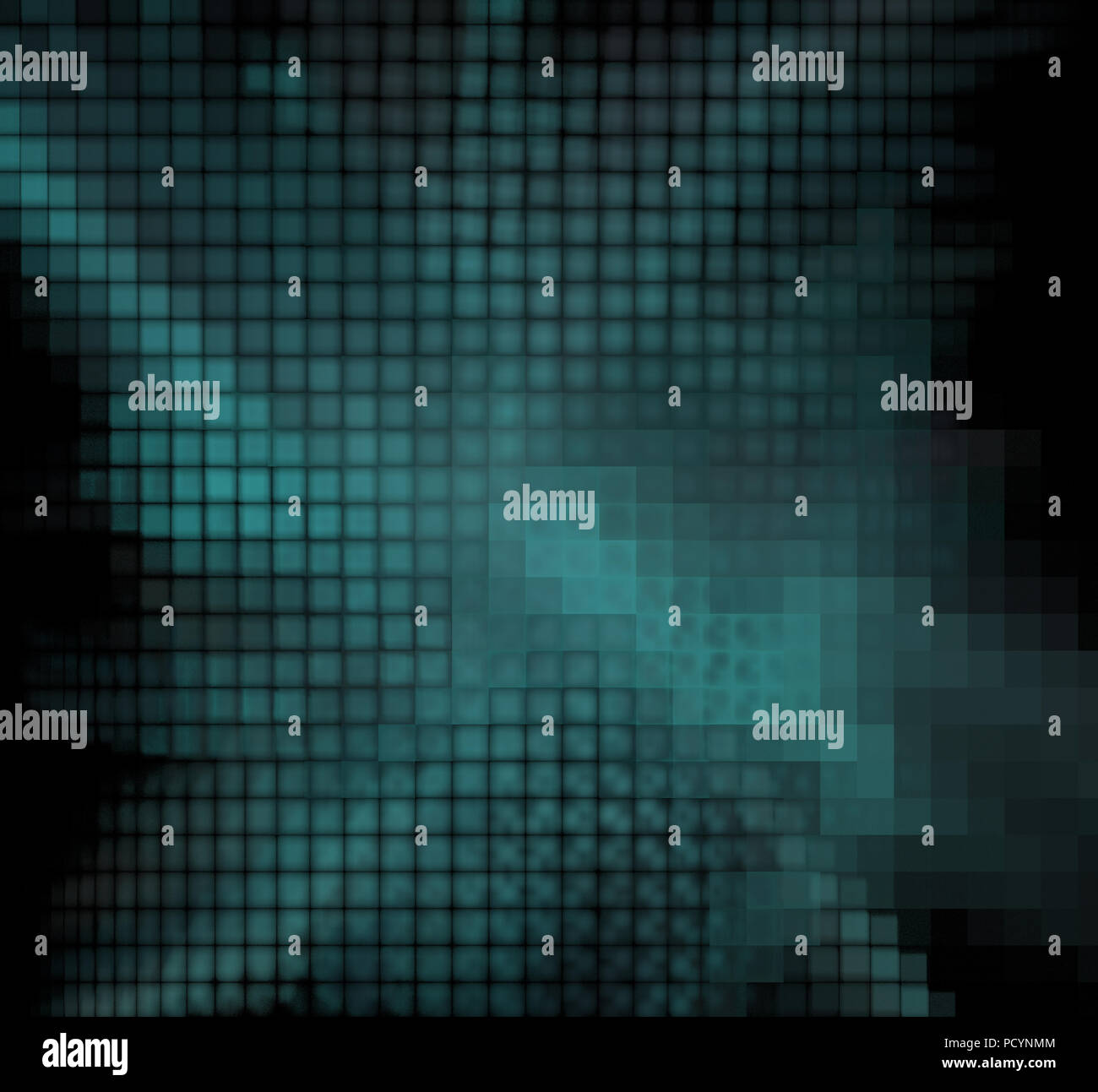 Blue pixel grid fractal on a black background Stock Photo