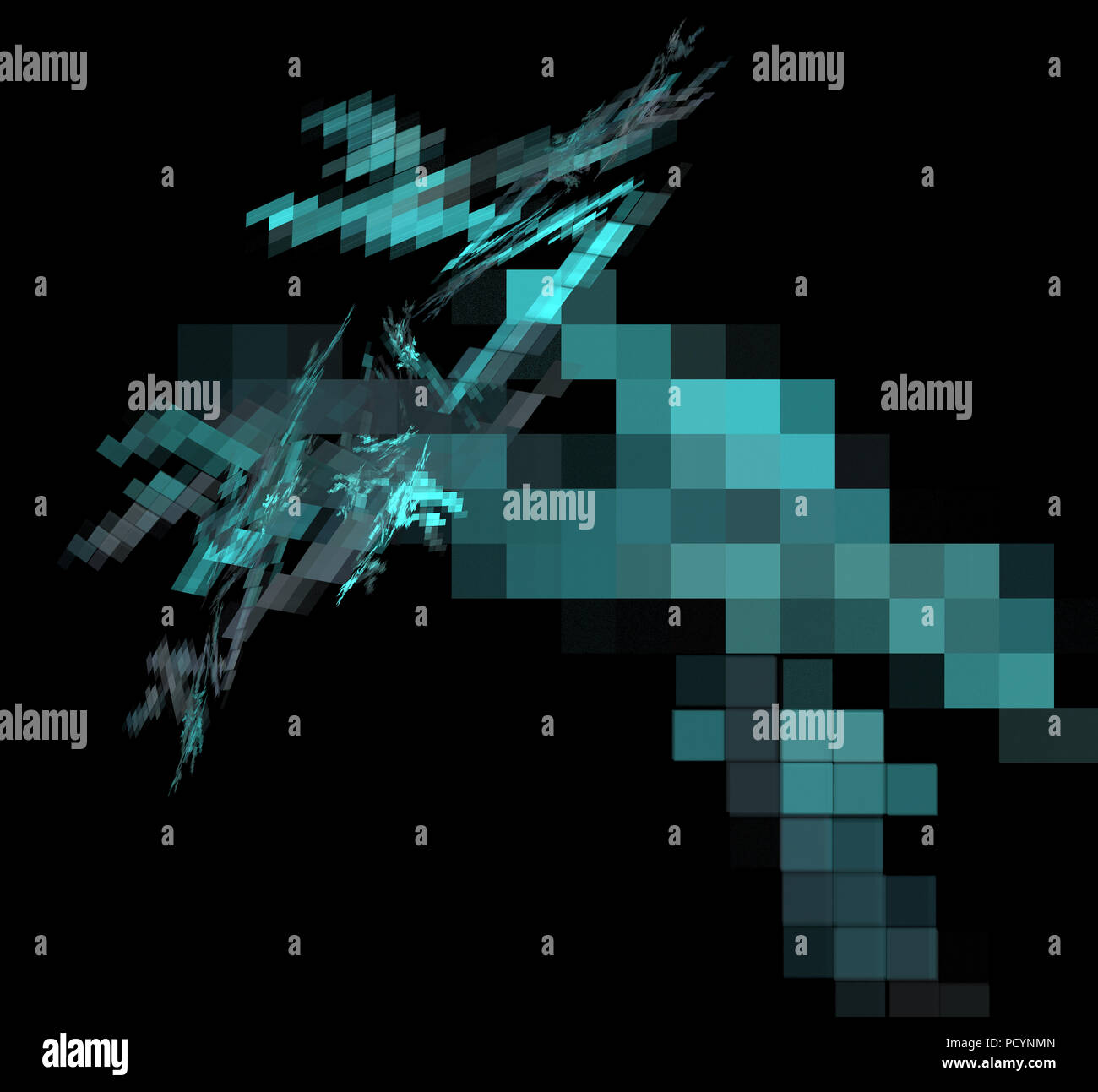 Blue pixel grid fractal on a black background Stock Photo