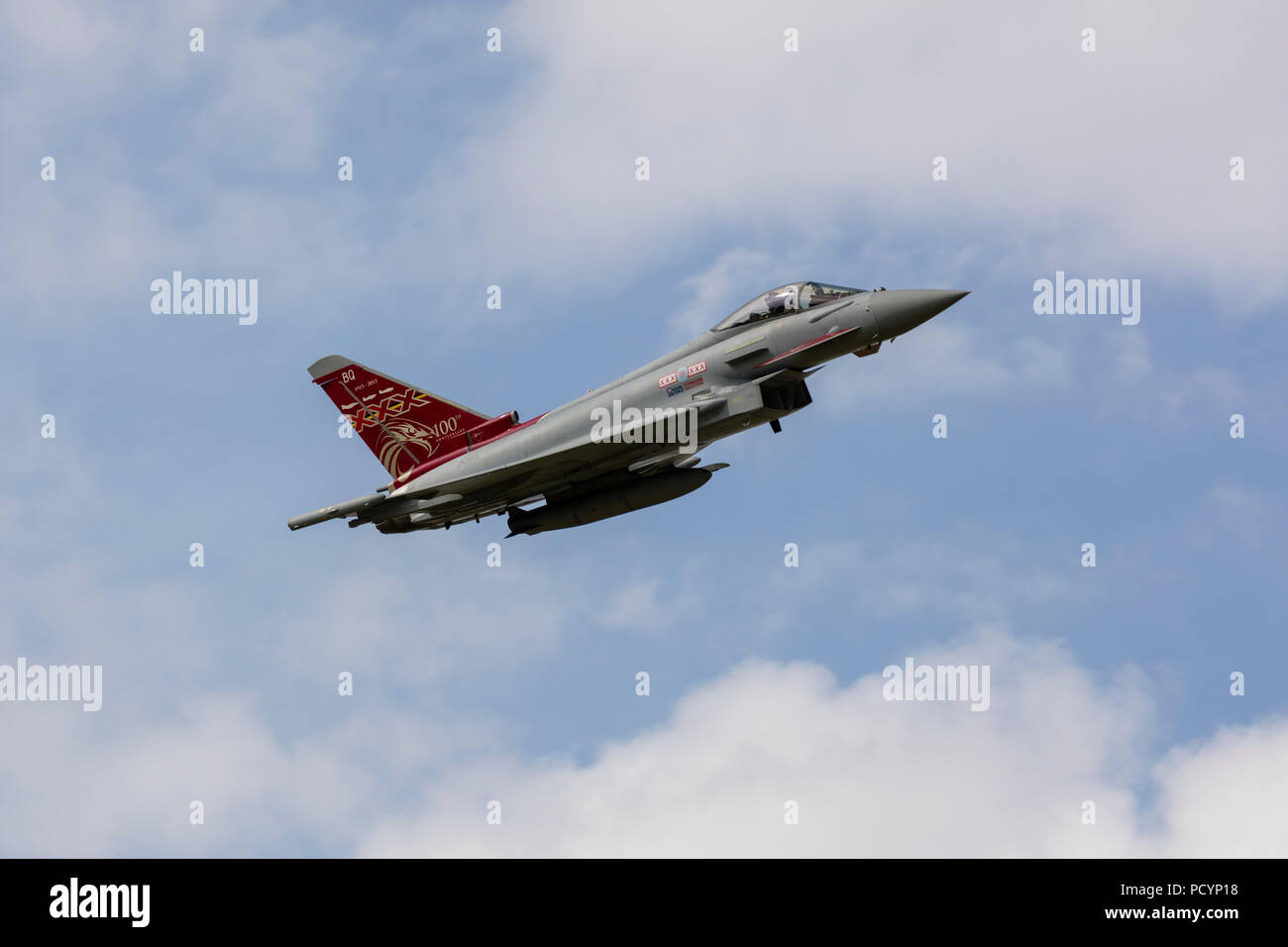 An RAF Typhoon fighter jet in mid flight Stock Photo