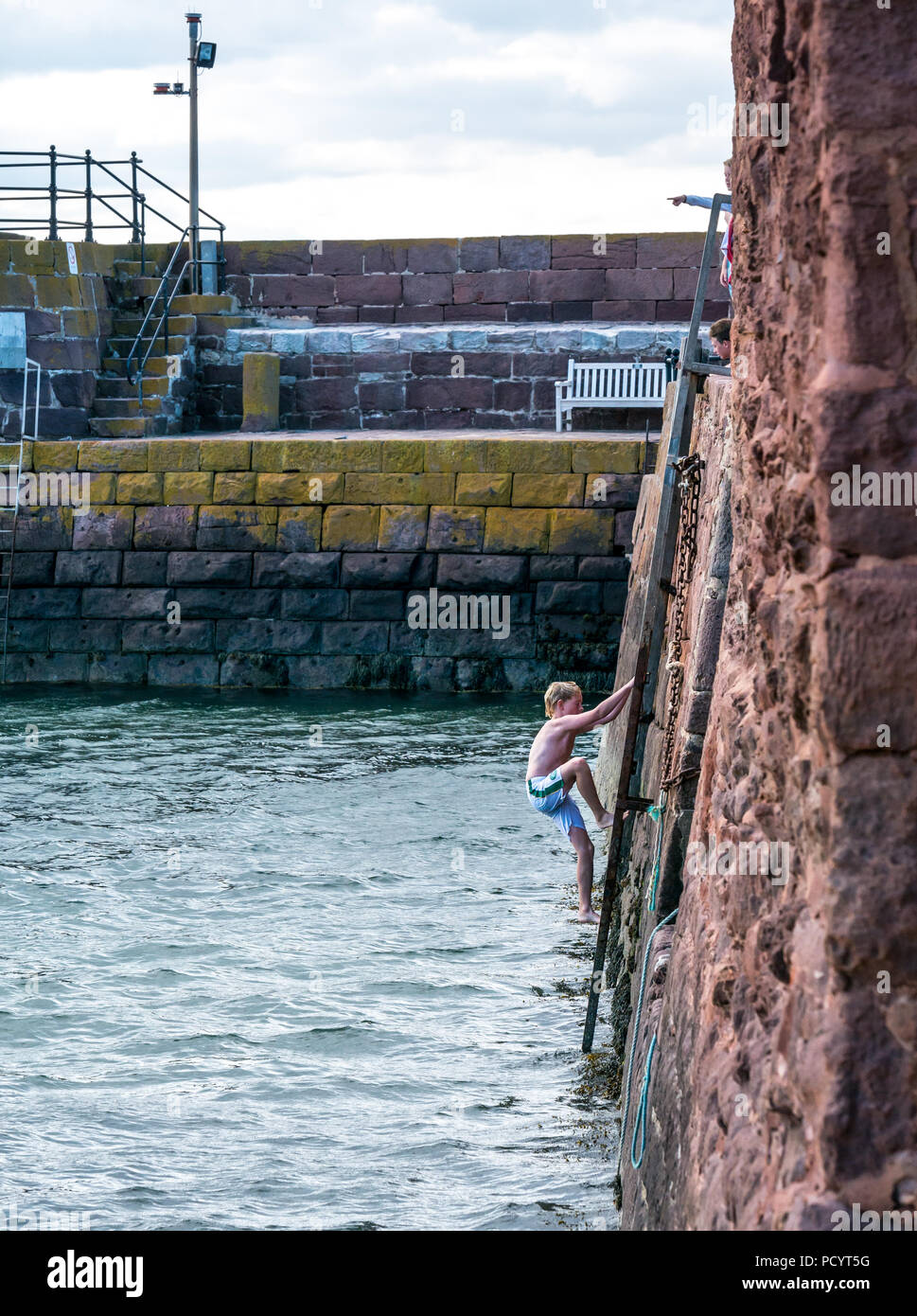Boy climbing up harbour wall ladder after jumping off wall into water, West bay beach, North Berwick, East Lothian, Scotland, UK in Summer heatwave Stock Photo