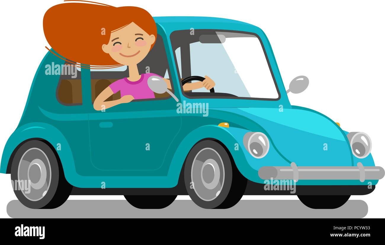 Happy girl rides car. Driving, trip, travel concept. Cartoon vector illustration Stock Vector