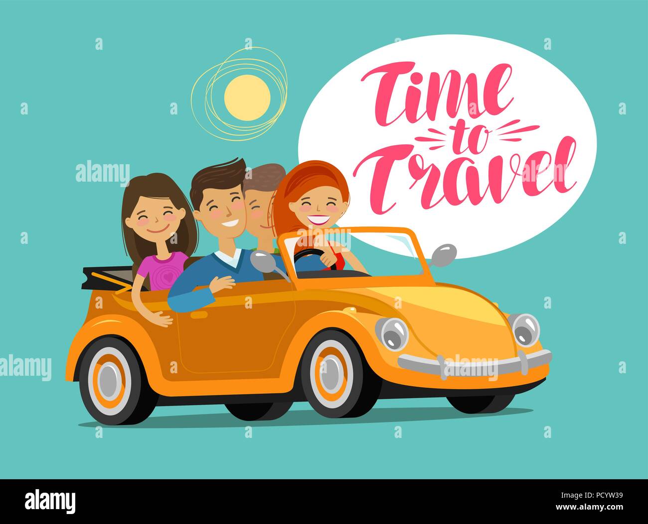 Happy friends riding retro car on journey. Travel concept. Funny cartoon vector illustration Stock Vector