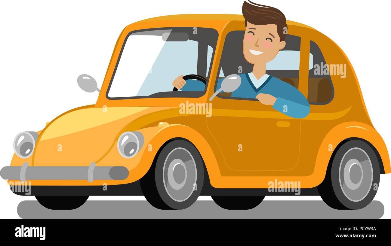 Happy male driver rides car. Driving, trip, taxi concept. Cartoon vector illustration Stock Vector