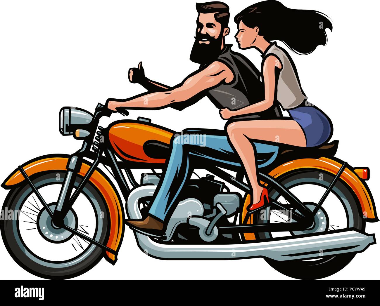 Biker with girl riding a retro motorcycle. Cartoon vector illustration Stock Vector