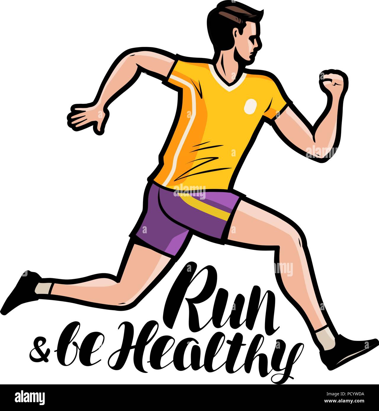 Jogging, running. Run and be healthy, lettering. Cartoon vector illustration Stock Vector