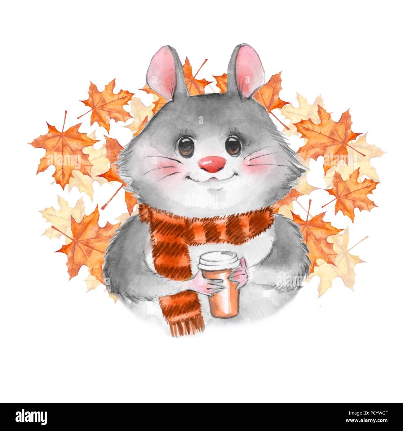Cute cartoon mousel with coffee cup. Watercolor illustration Stock Photo