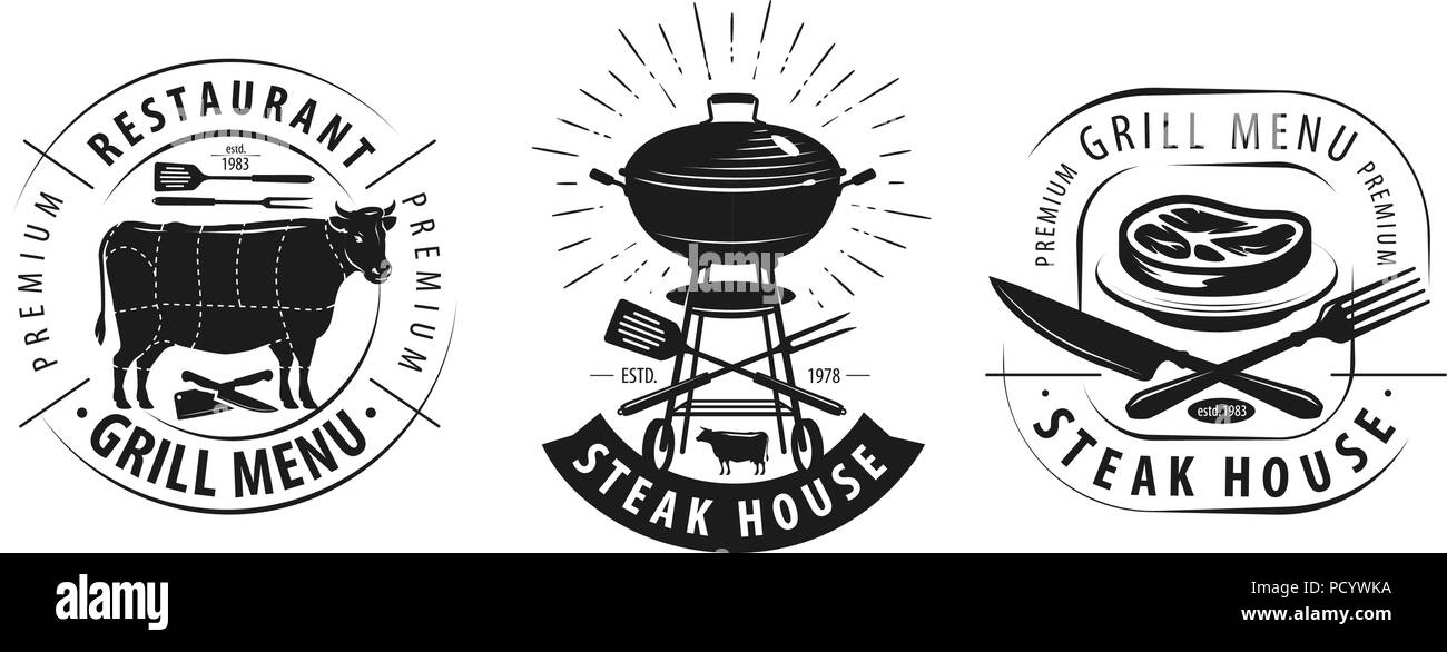 Steak house, barbecue logo or label. Emblems for restaurant menu design. Vector illustration Stock Vector