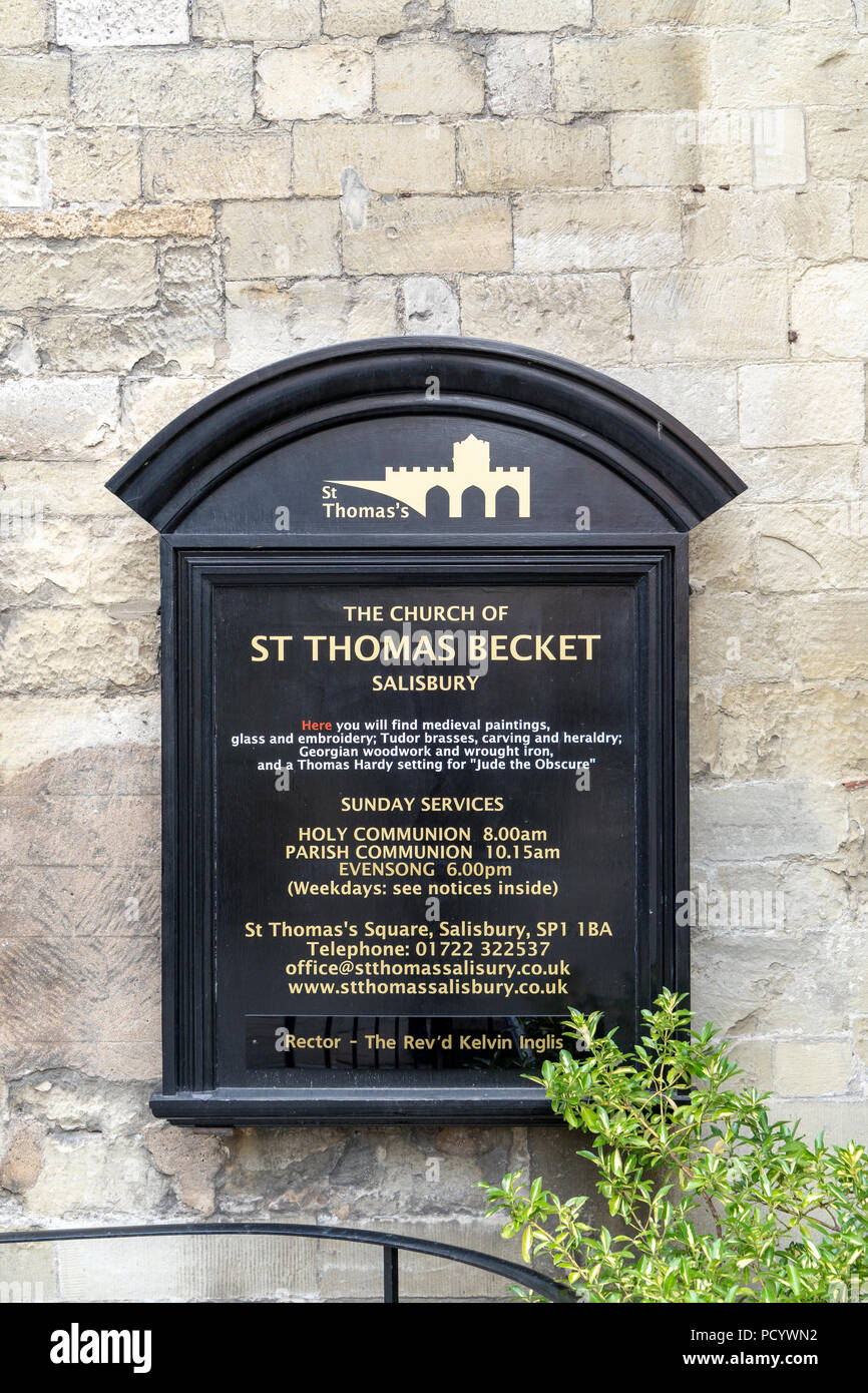 Information board outside of St Thomas church in Salisbury UK Stock Photo