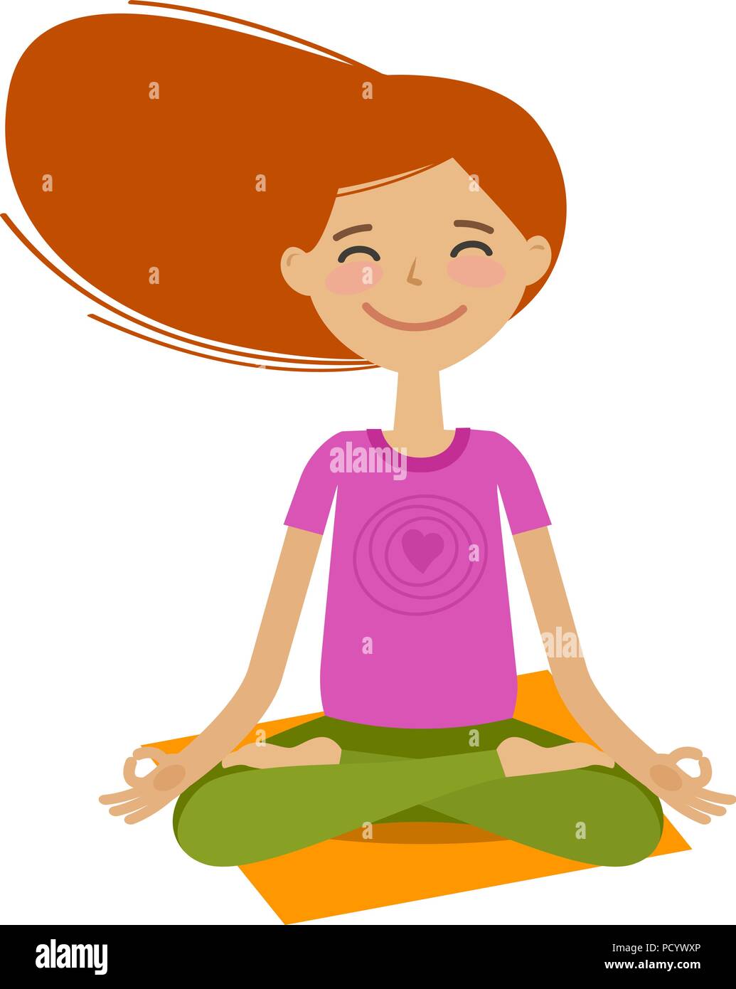 Happy girl sitting in lotus pose. Yoga, fitness concept. Cartoon vector illustration Stock Vector