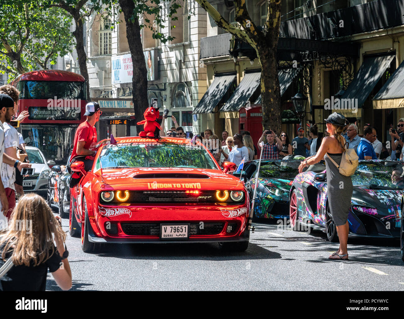 5 Aug 2018 - London, UK. Powerful red American Muscle, Dodge Challenger SRT Demon with Dubai license plates at Gumball Rally 3000 event. Stock Photo
