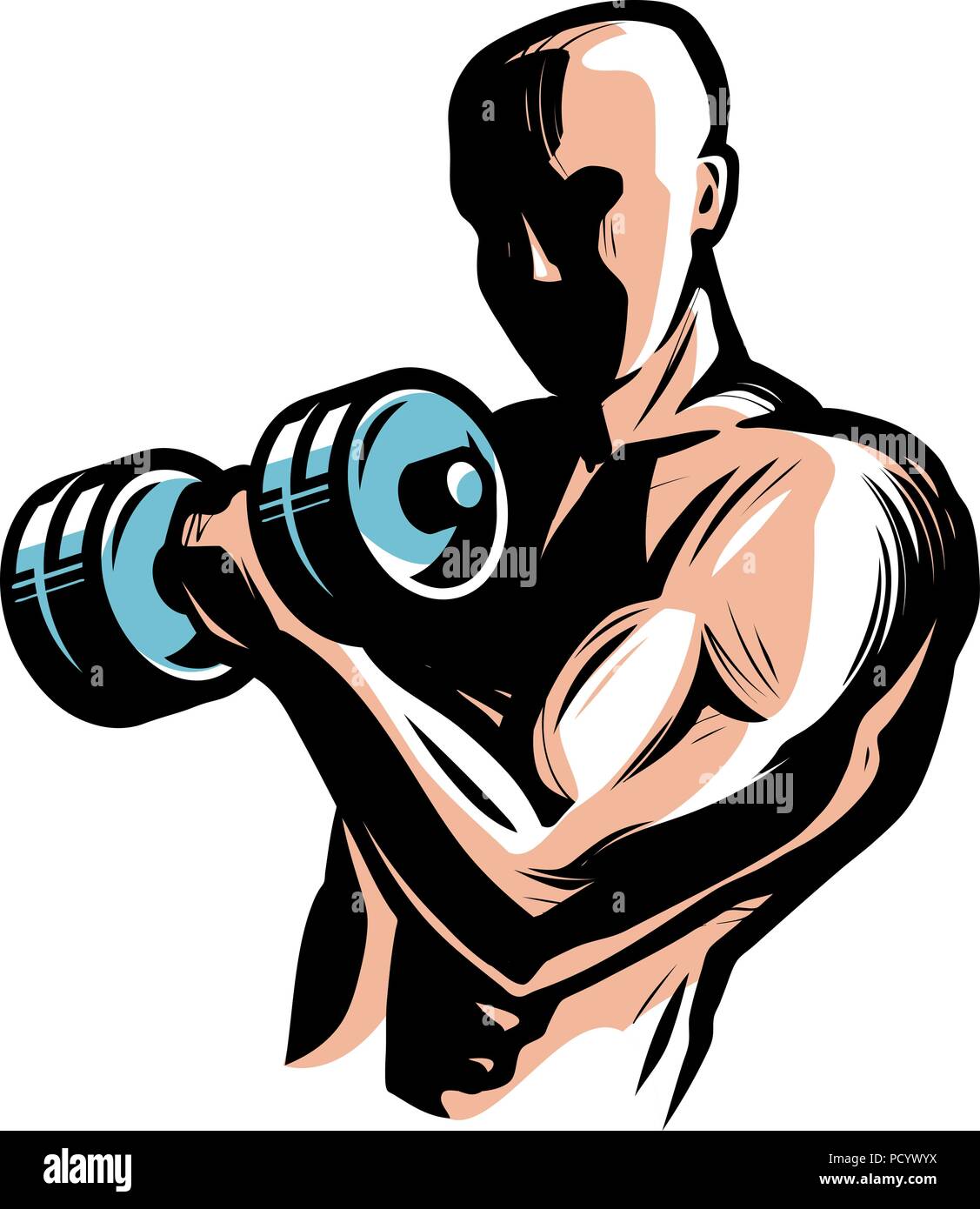 Strong athletic man raises heavy dumbbells with his hands. Gym, body-building concept. Vector illustration Stock Vector