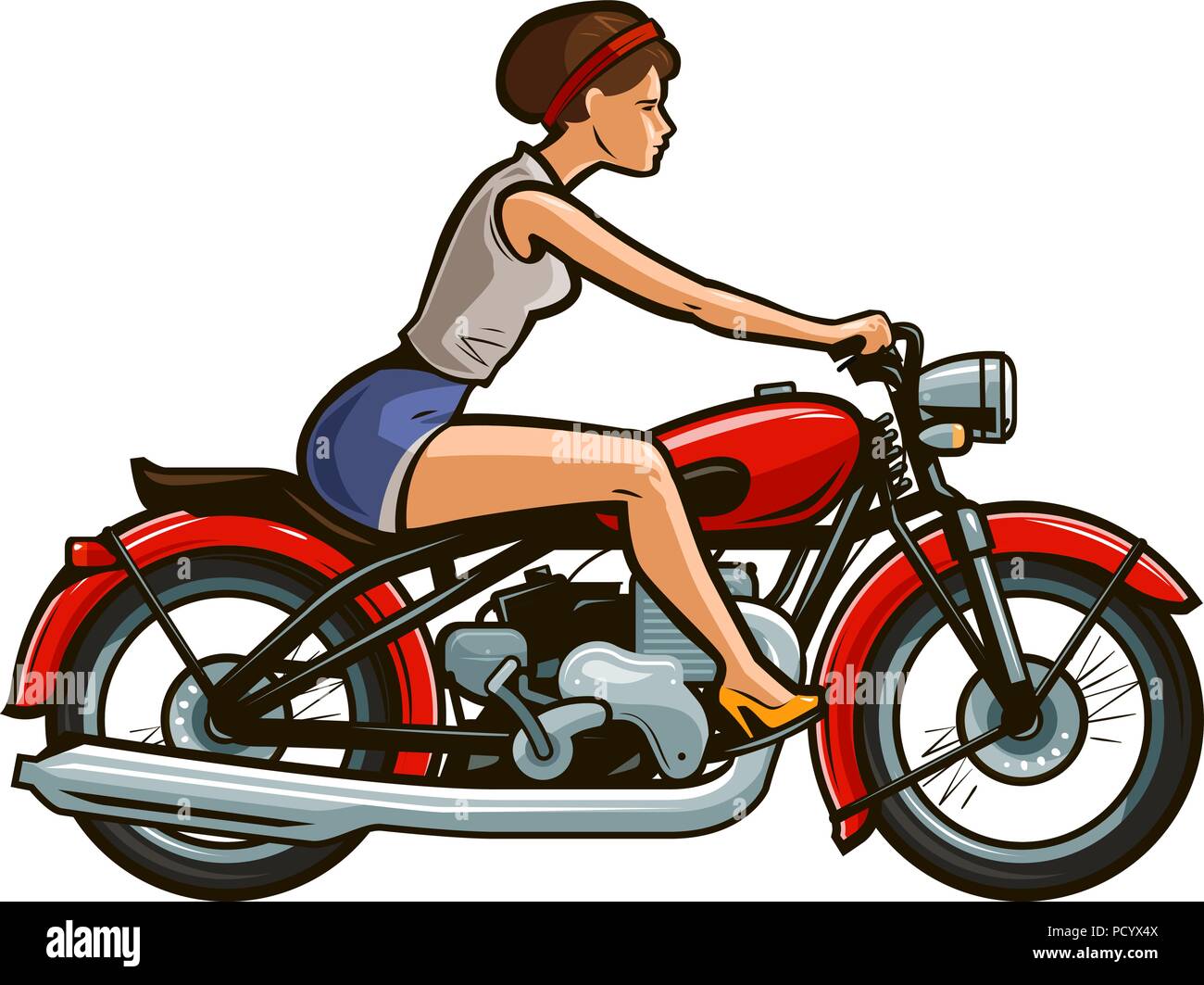 Retro pin-up girl riding on a motorcycle. Cartoon vector illustration Stock Vector