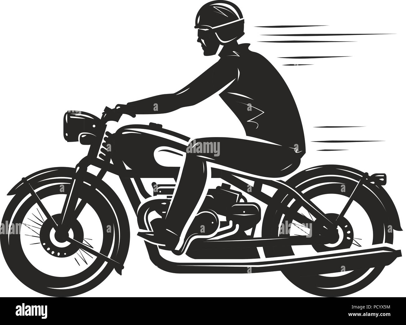 Biker rides a retro motorcycle, silhouette. Motorsport, motorbike