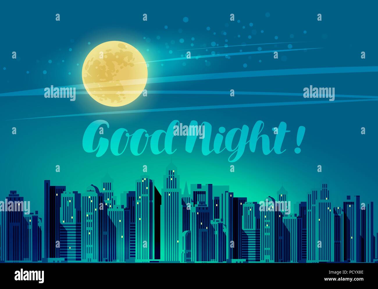 Modern city, panoramic cityscape. Good night, lettering vector illustration Stock Vector