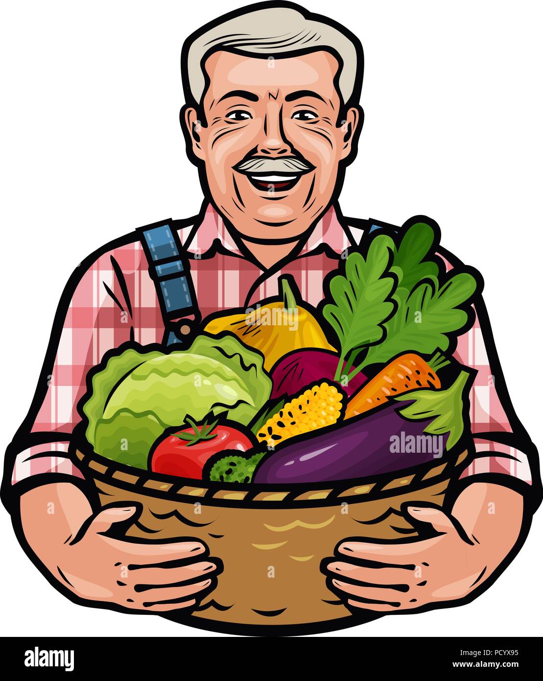 Happy farmer holding a wicker basket full of fresh vegetables. Farm ...