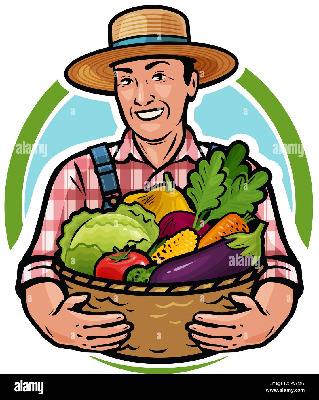 Happy farmer holding a basket full of fresh vegetables. Farm, agriculture, horticulture concept. Cartoon vector illustration Stock Vector