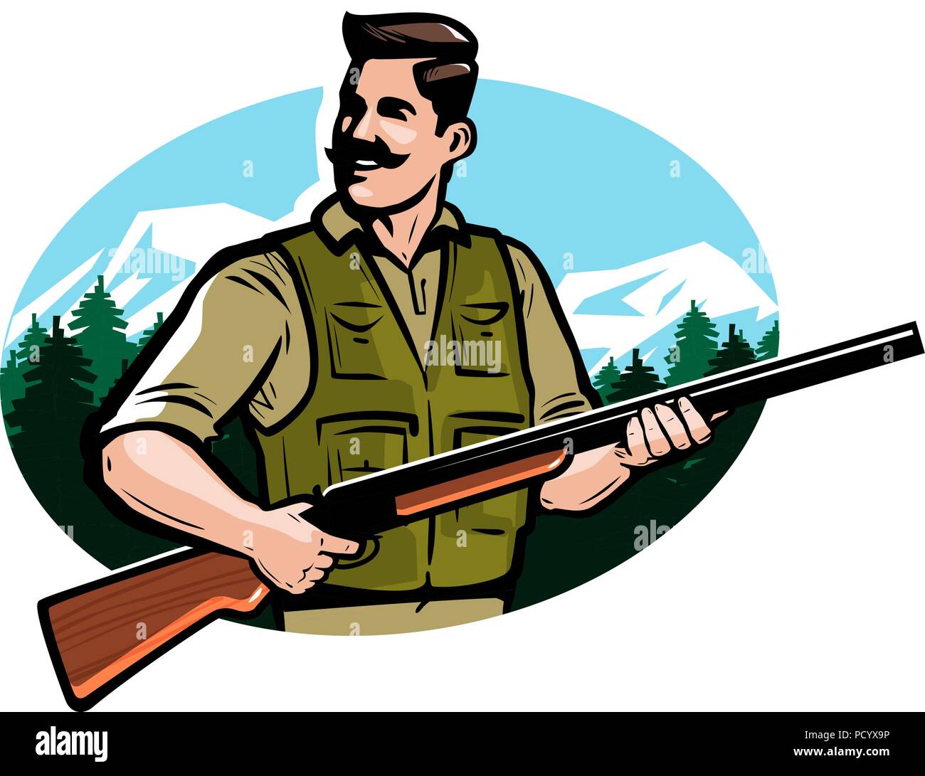 Hunter holds shotgun in his hands. Hunting, hunt vector illustration Stock Vector