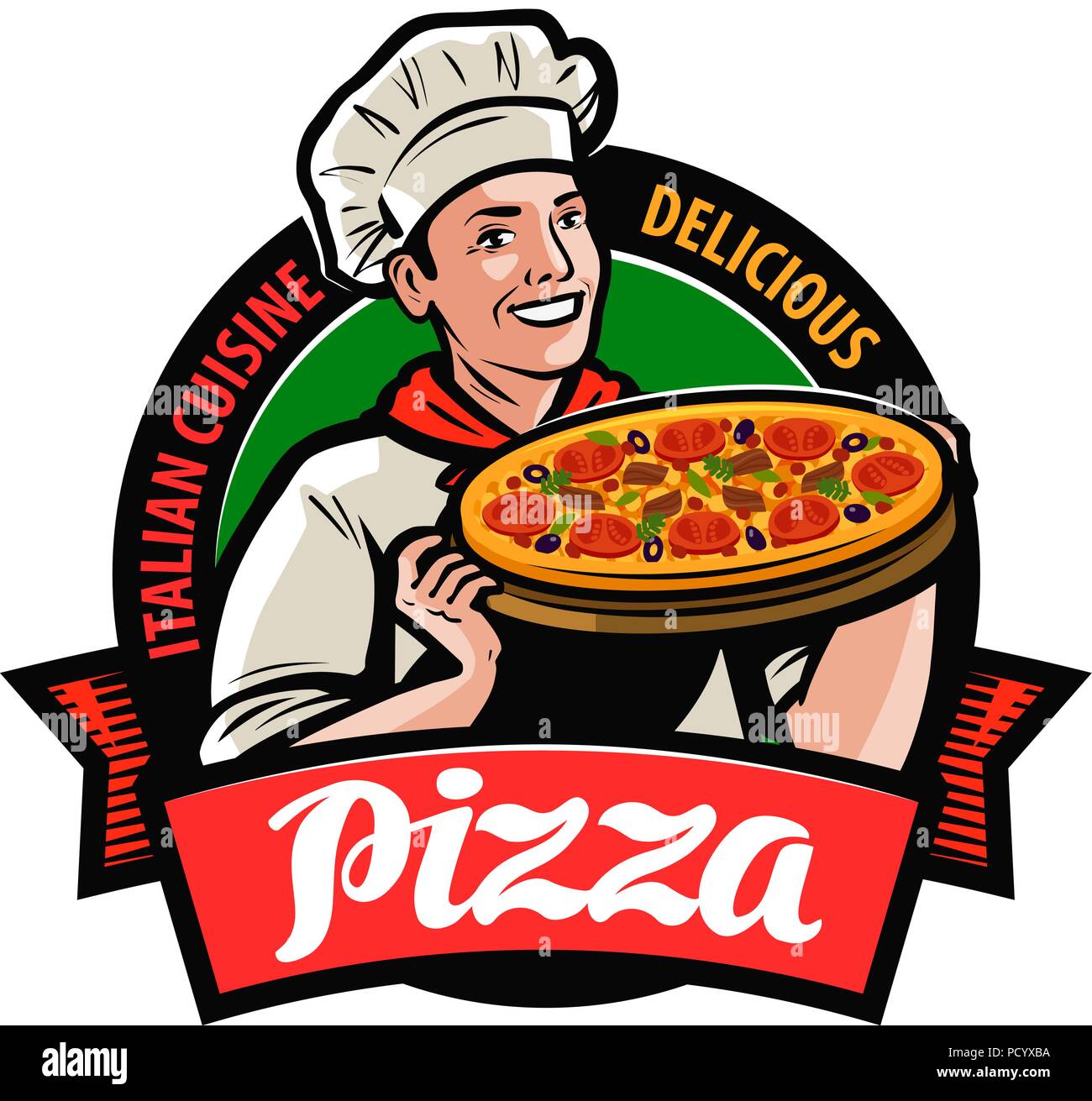 Happy chef with pizza in hand. Pizzeria logo or label. Cartoon vector illustration Stock Vector