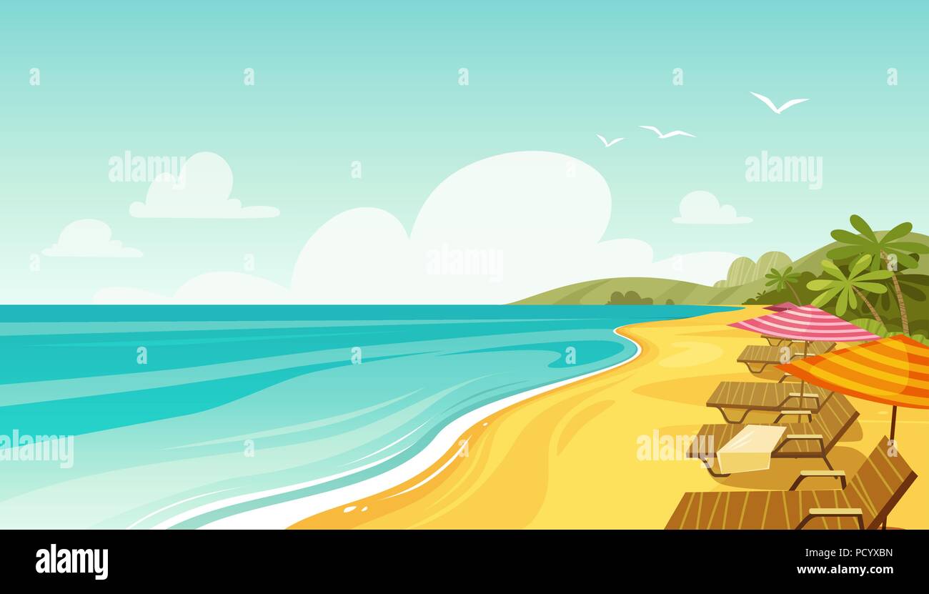 Sea beach and sun loungers. Seascape, vacation banner. Cartoon vector ...