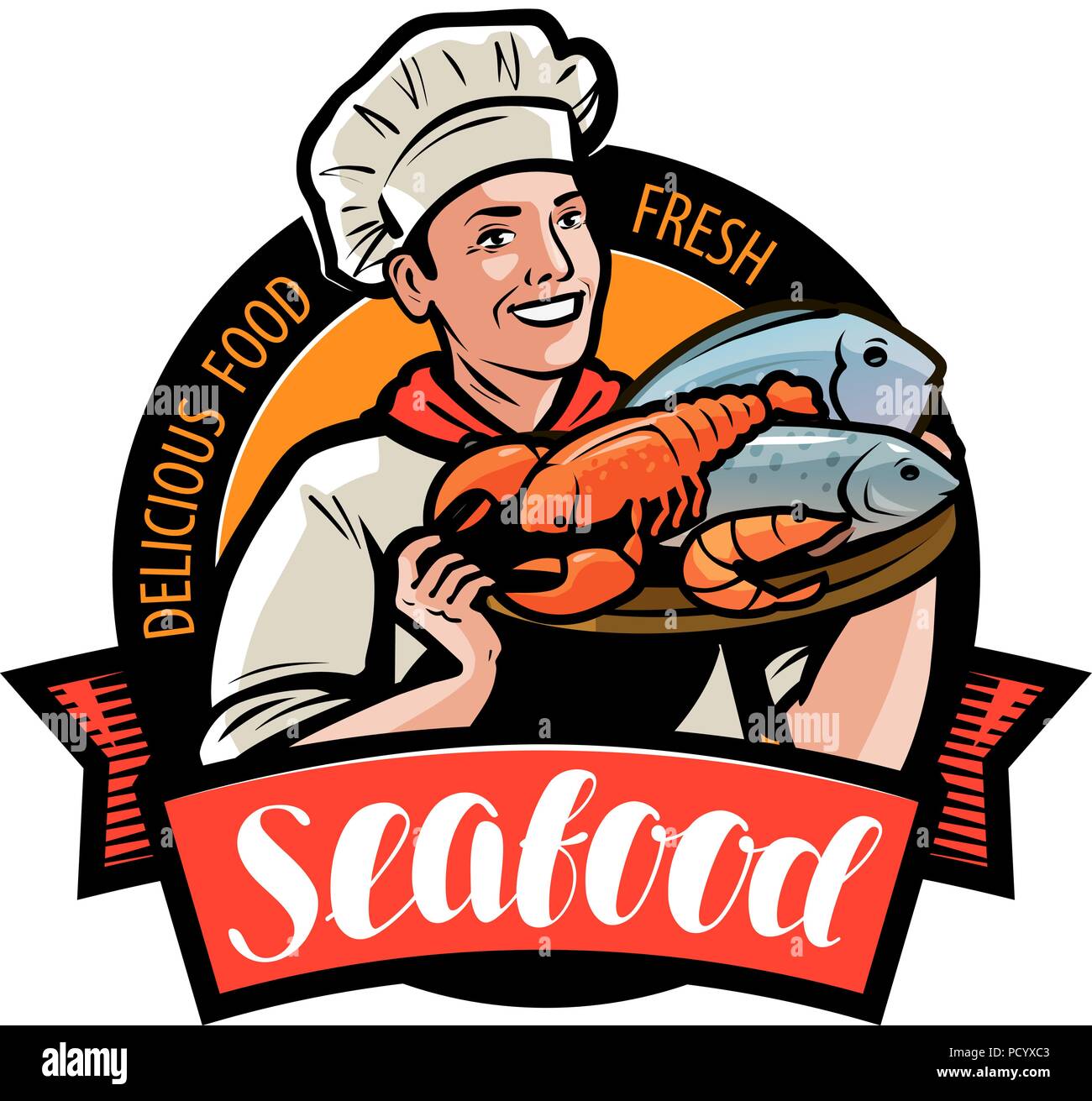 Seafood Logo Or Label Happy Cook Holding A Tray With Food