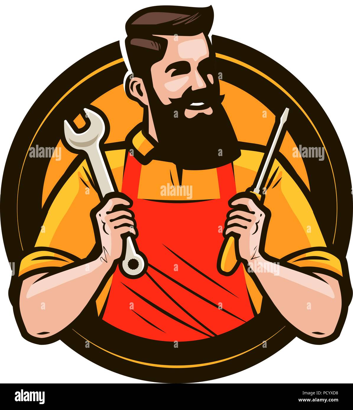 Repair, maintenance logo or label. Repairman holds in hands tools a wrench and screwdriver. Cartoon vector illustration Stock Vector