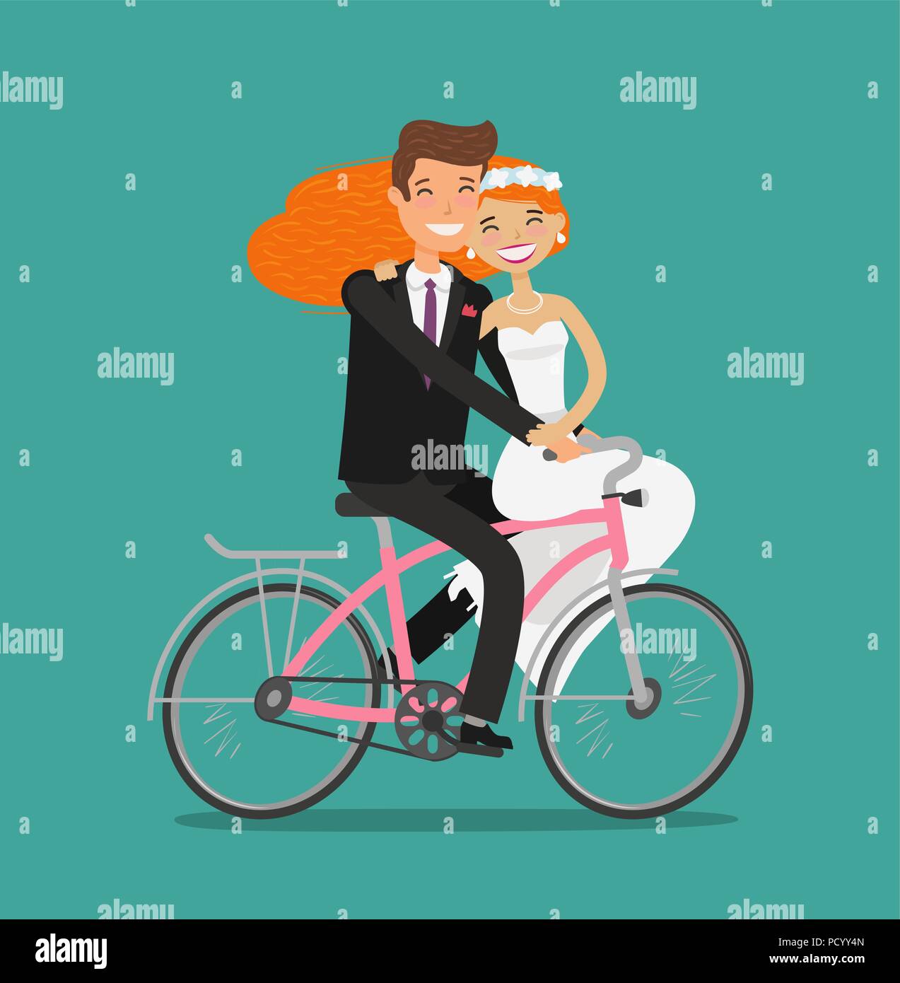 Happy couple or newlyweds. Bride and groom ride bicycle. Wedding, vector illustration Stock Vector