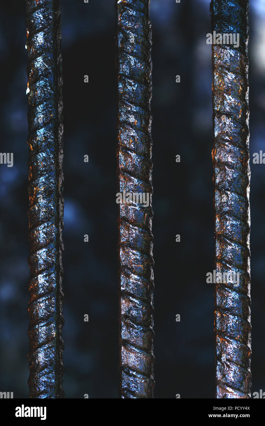 Metal bars in wet and rusty condition. Close up of a jail cells iron ...