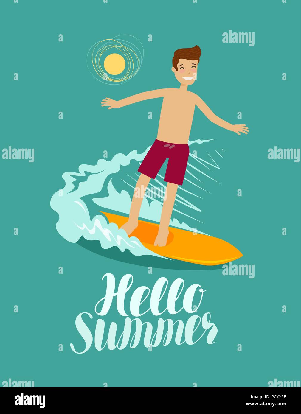 Hello summer, banner. Surfer and wave. Surfing vector illustration Stock Vector