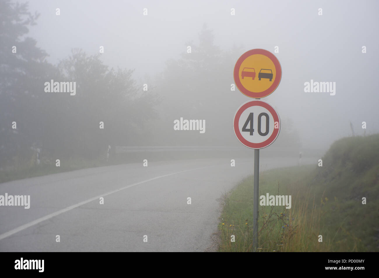 Traffic sign showing speed limit on misty road with poor visibility. Road through the foggy forest Stock Photo