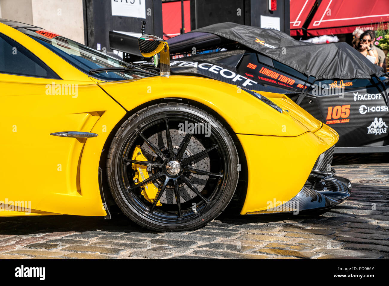 4 August 2018 - London, England. Yellow supercar Pagani Zonda displayed in Covent Garden, London for the gumball 3000 rally event. Stock Photo