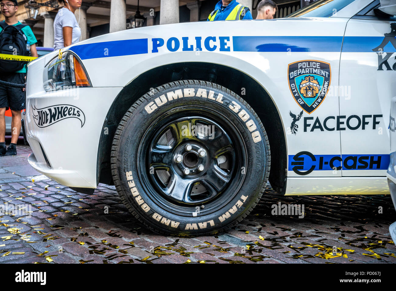 4 Aug 2018 - London, UK. Charity rally event Gumball 3000. Replica of a New York Police Department Dodge Charger Pursuit car displayed at Covent Garde Stock Photo