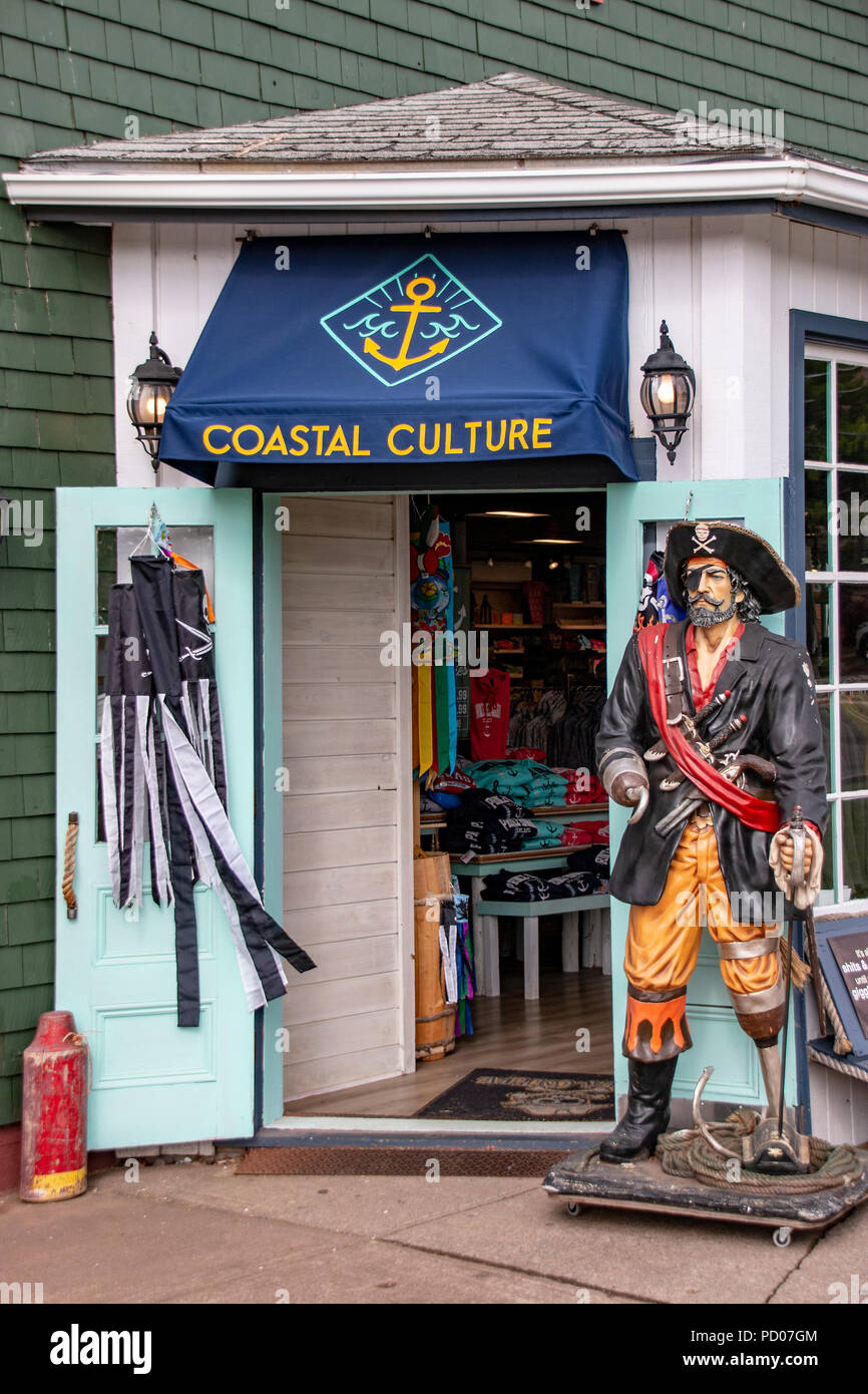 Pirate mannequin posted in by store front of Coastal Culture, Inc. at Peakes wharf, Charlottetown, Prince Edward Island (PEI), Canada (CA). Stock Photo