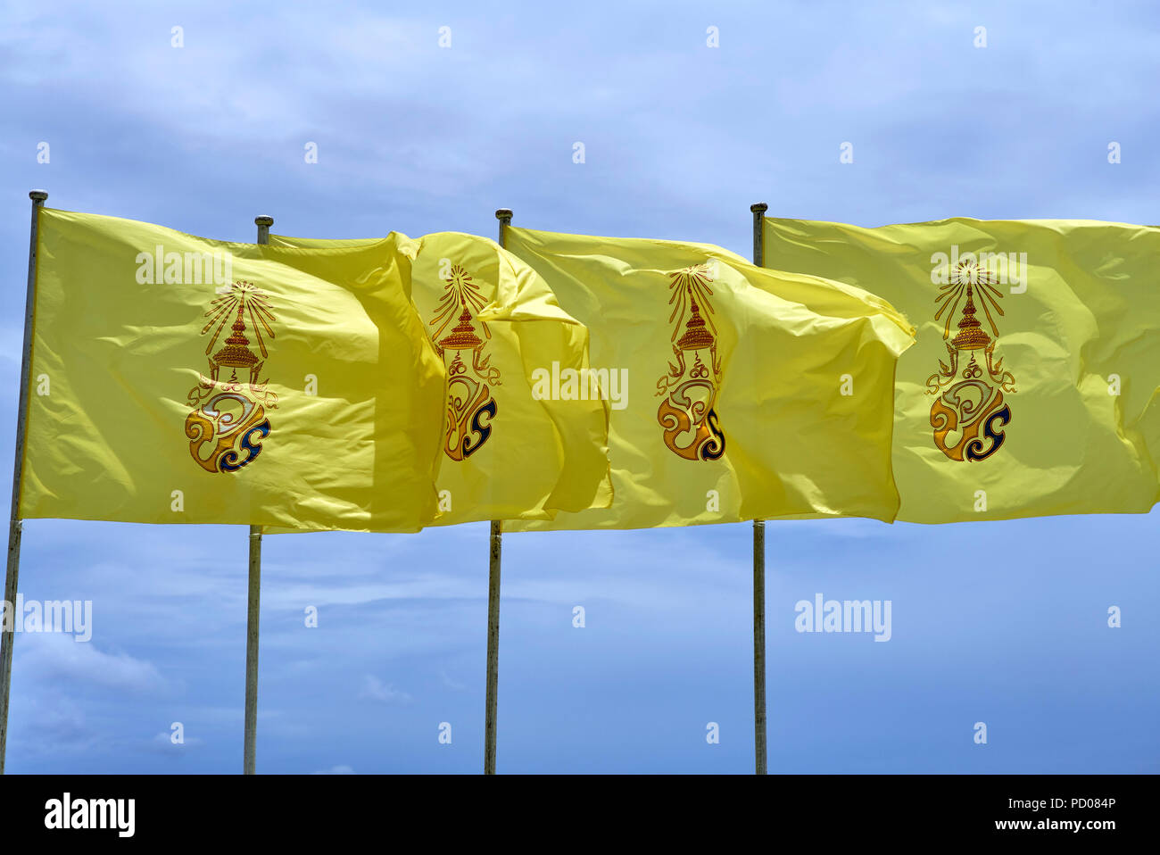 Thailand flag. Yellow flags used to commemorate the Kings birthday Stock Photo