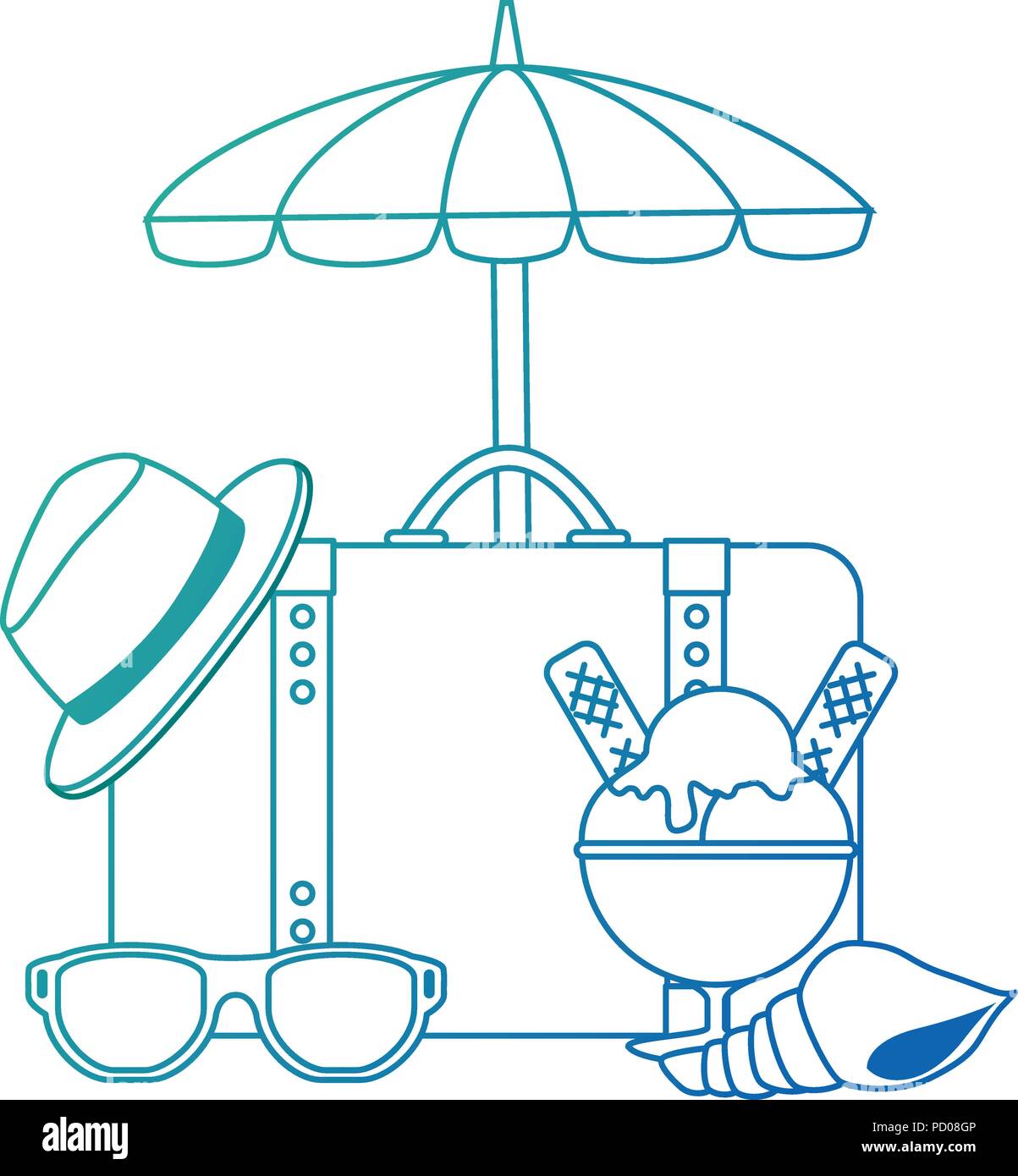 suitcase travel with umbrella and summer hat vector illustration design ...