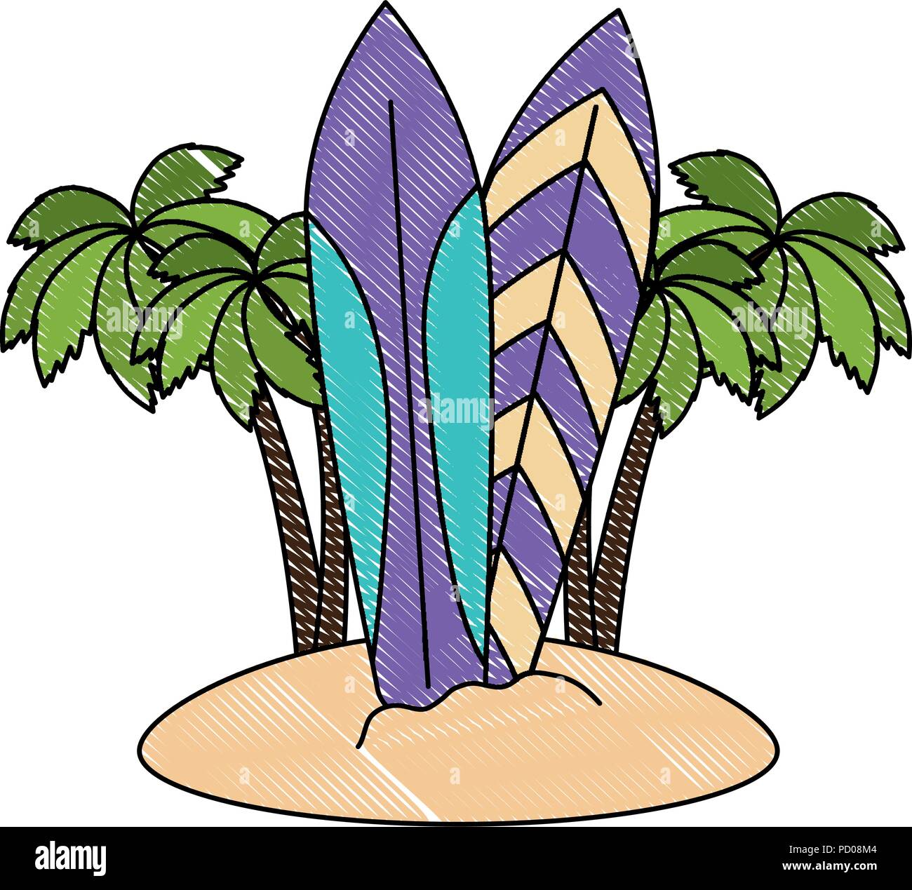 tree palms with surfboards scene vector illustration design Stock Vector