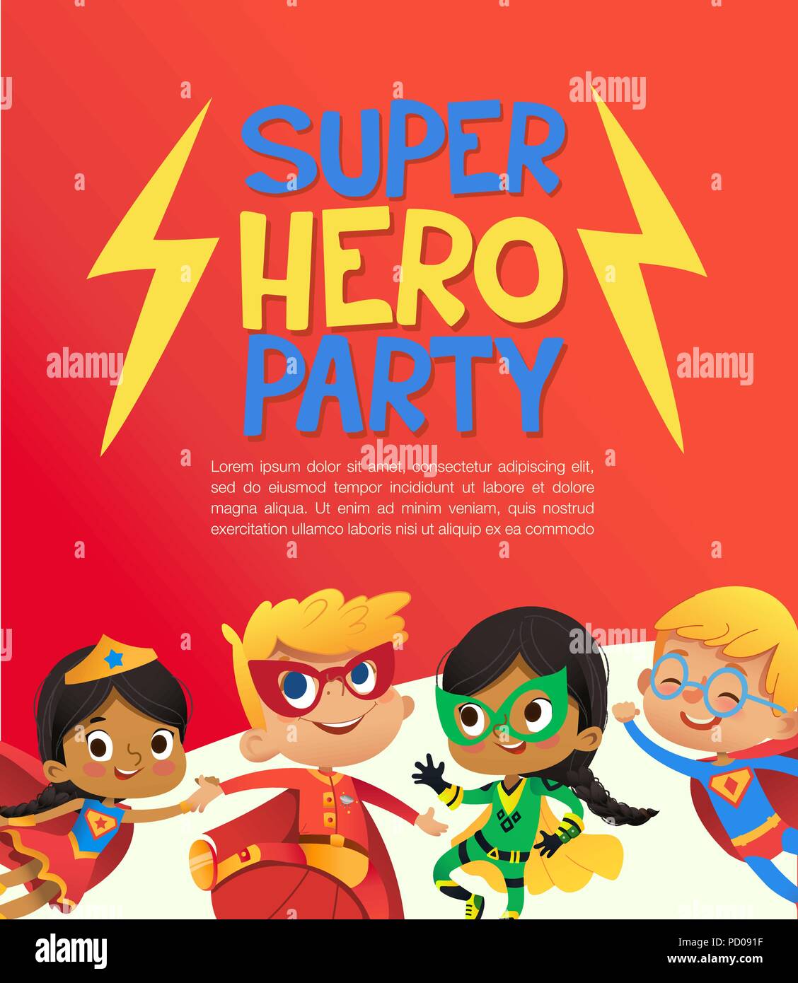 Joyous Multiracial kids in super hero outfit and balloons happily jump. Vector Illustration of a Super Hero Party poster or invitation flyer. Stock Vector