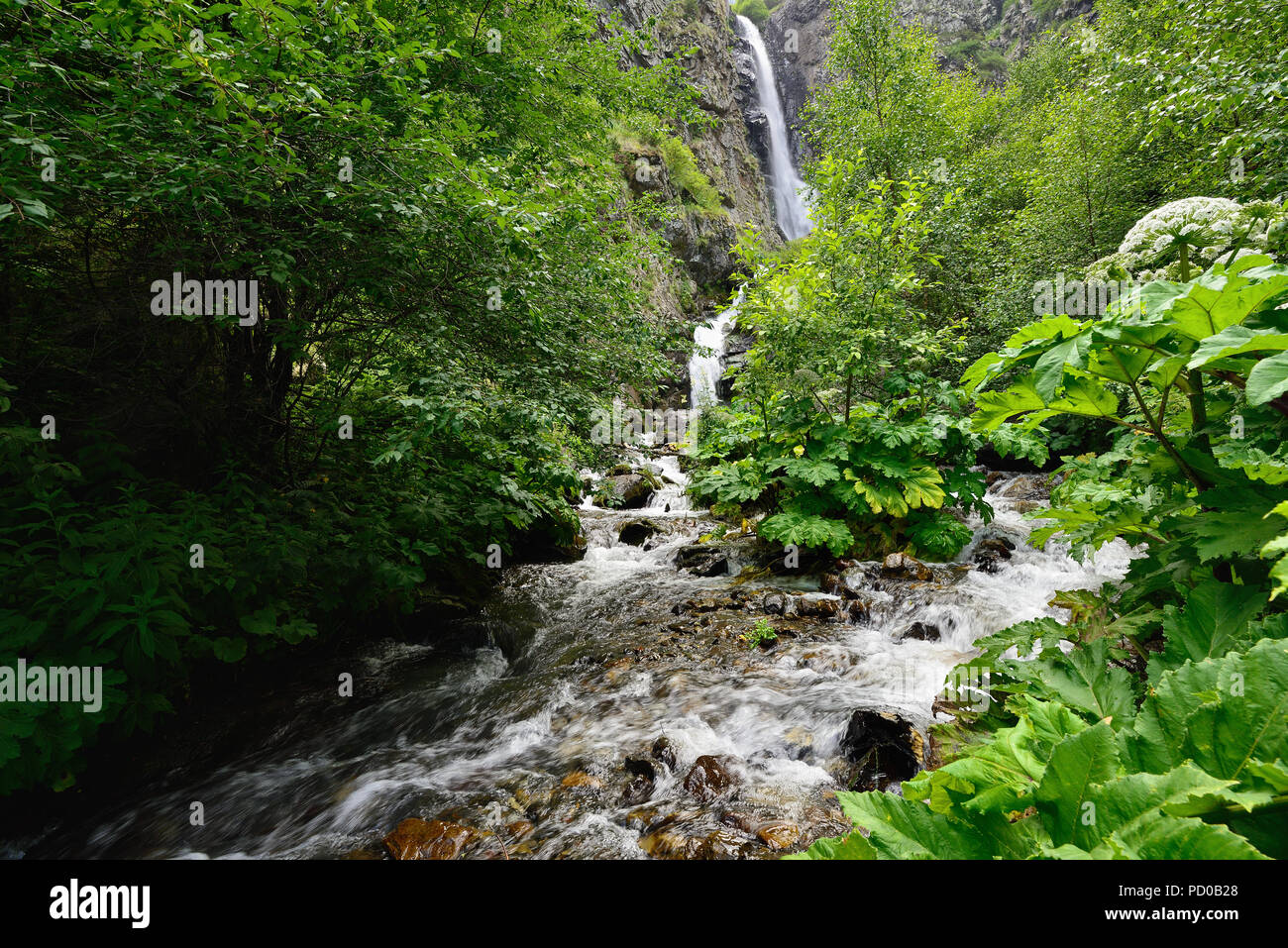 Gveleti Big Waterfalls being in a Dariali Gorge near the Kazbegi city in the mountains of the Caucasus, Geprgia Stock Photo
