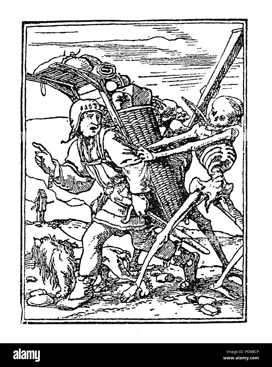 The Peddler, woodcut designed by Hans Holbein the Younger, (1497-1543) for the “Dance of Death' series of 1523–26 , late Middle Ages  allegory on the universality of death Stock Photo